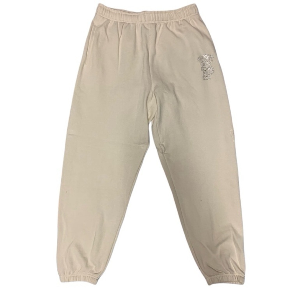 Pink rhyme stone logo Cream Jogger Pants Sz various